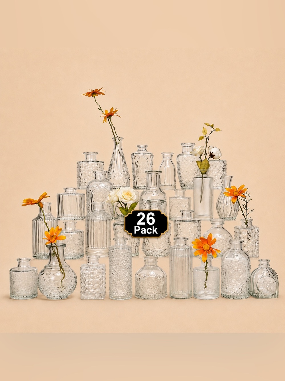 Set of 26 Clear Glass Bud Vases